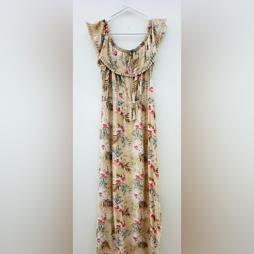 Derek Heart Tropical Maxi Dress with Side Slit - Cream and Ivory , Women’s Large